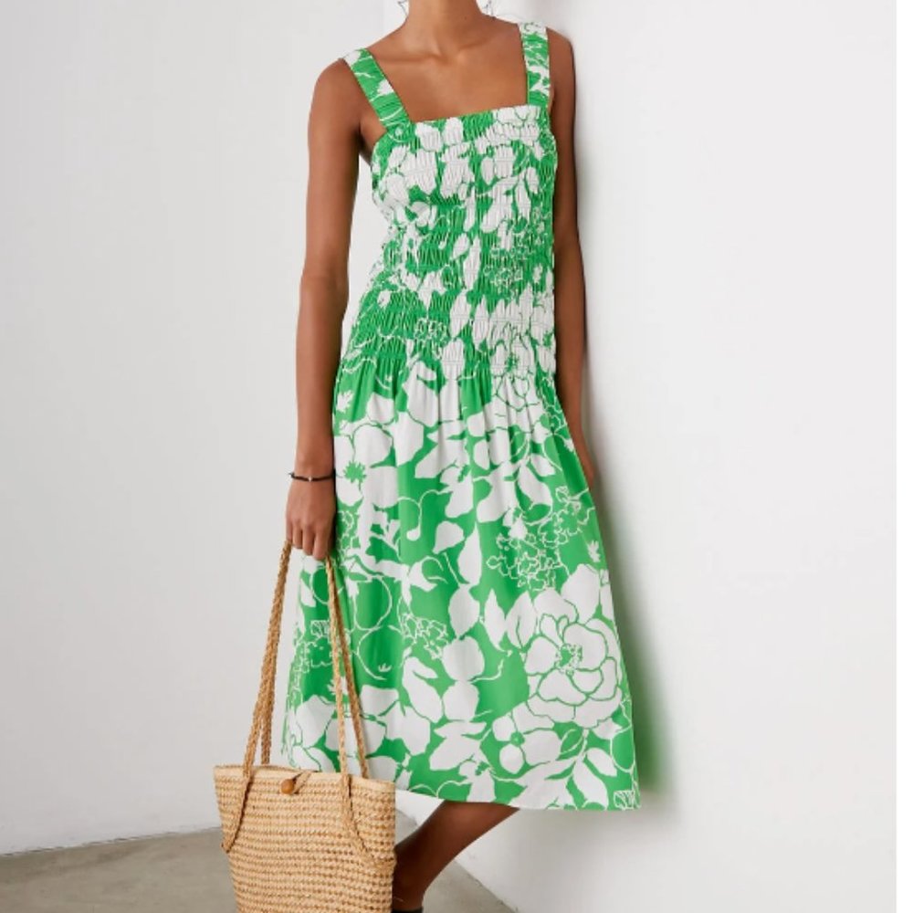 RAILS SEVILLE FLORAL SMOCKED COTTON POPLIM MIDI DRESS sz M